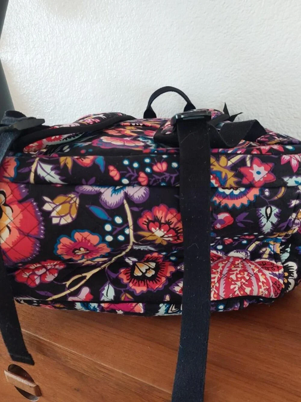 vera bradley foxwood floral backpack with pink, red, and blue flowers and birds